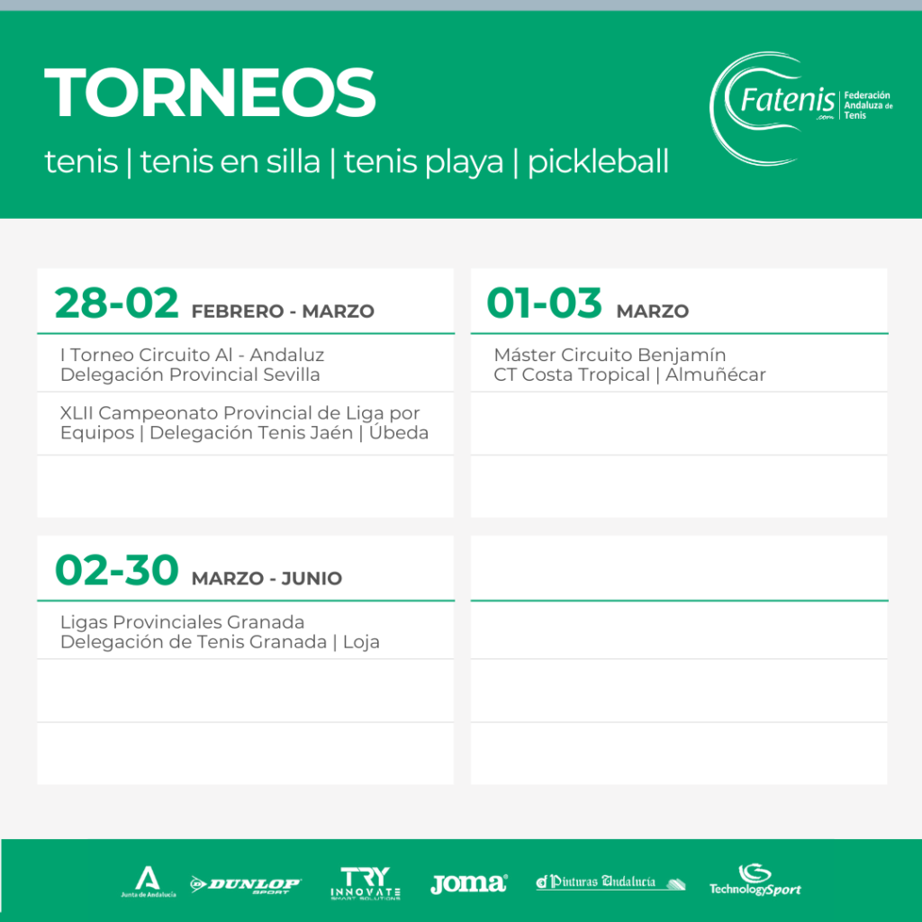 Torneos de Tenis, Tenis Playa, Pickleball y Tenis en Silla en Andalucía