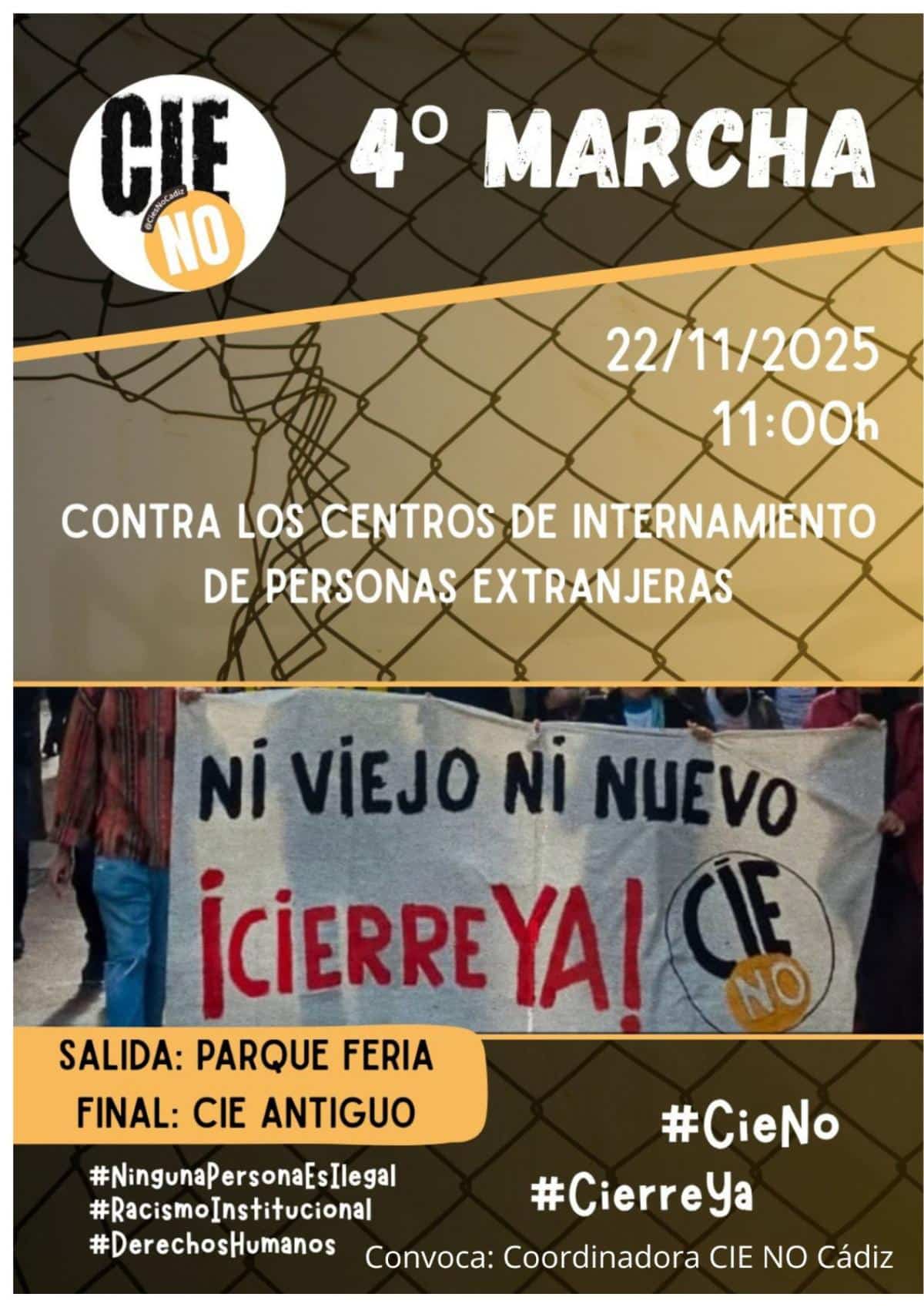 Este sábado día 22 de noviembre de 2025. a las 11h. salimos desde el Parque Feria de Algeciras hasta el CIE viejo en la Piñera