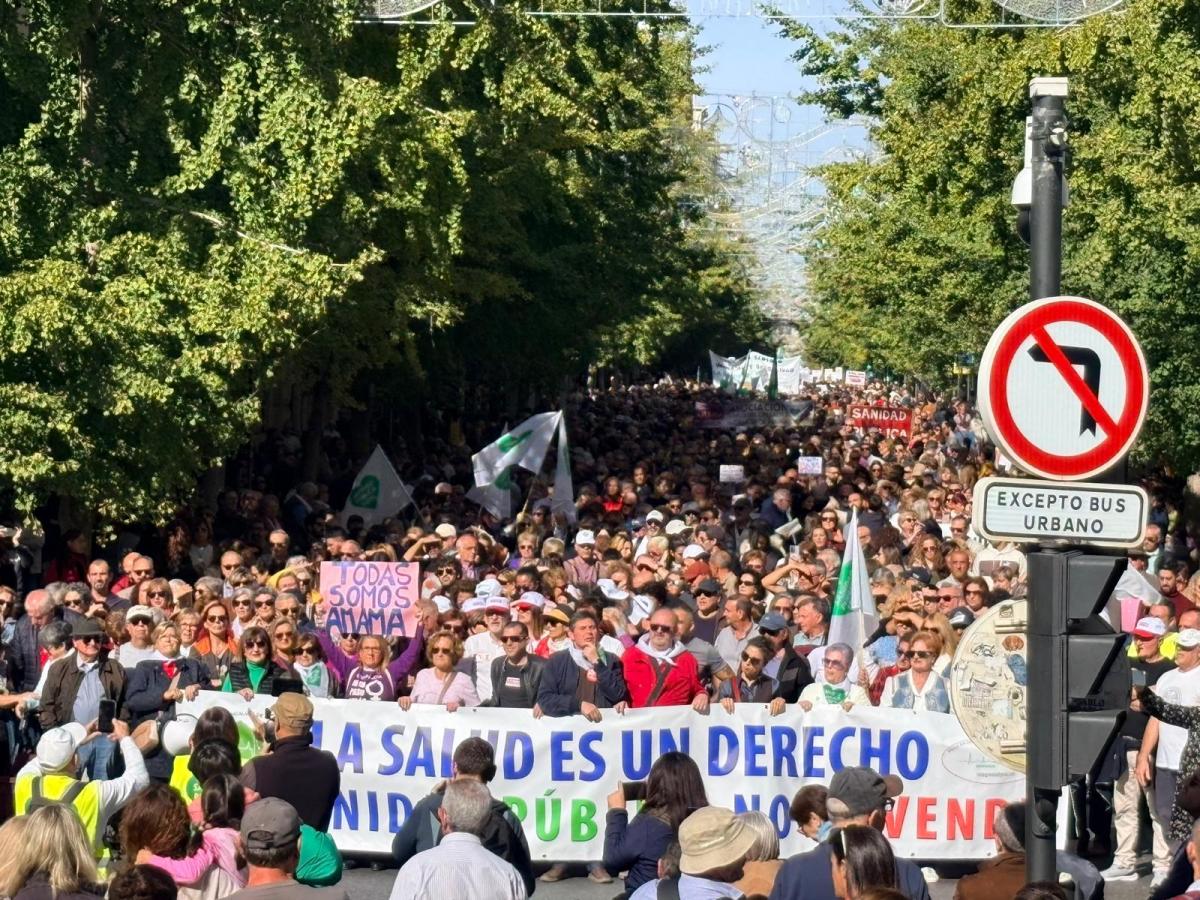 Granada se moviliza: Miles de personas exigen una sanidad pública, universal y de calidad 1 La Gran Vía de Granada repleta de manifestantes