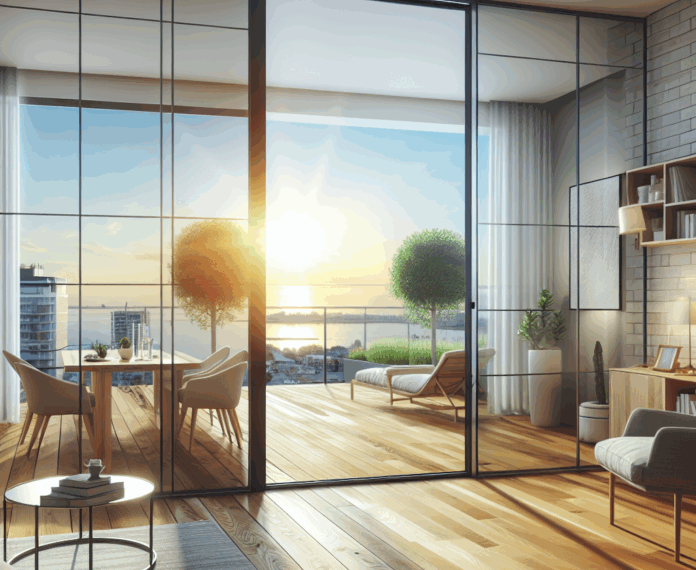 tiene una puerta corredera translúcida para acceder a la terraza que hace de pared acristalada