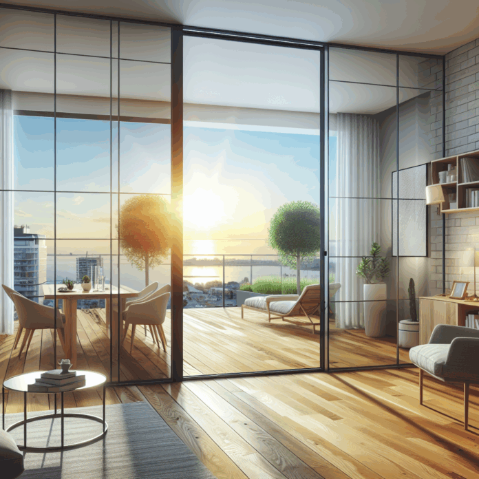 tiene una puerta corredera translúcida para acceder a la terraza que hace de pared acristalada