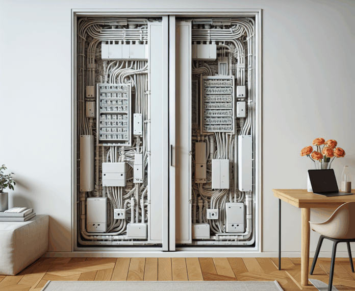 "Si tienes un cuadro eléctrico que ocupa toda la pared, una puerta corredera con guías ocultas para taparlo es todo un acierto"