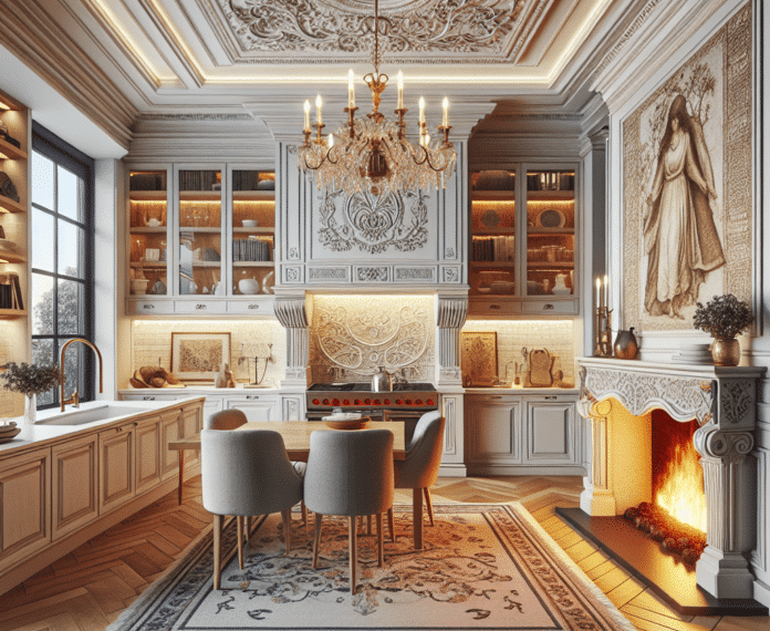 una atrevida cocina, bonita chimenea y una codiciada obra de arte