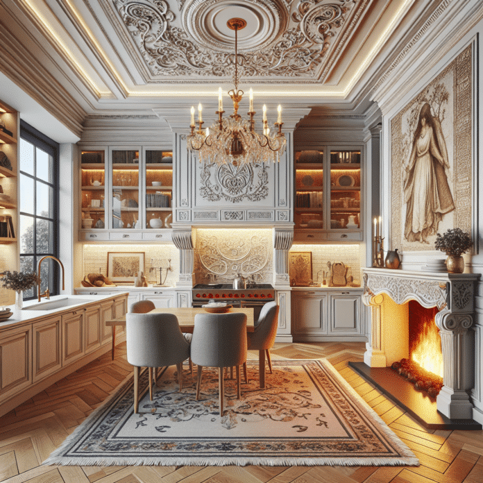 una atrevida cocina, bonita chimenea y una codiciada obra de arte