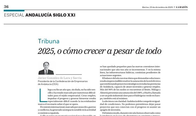 Javier González de Lara, presidente de CEA, destaca el valor del tejido empresarial andaluz en la Tribuna de La Razón