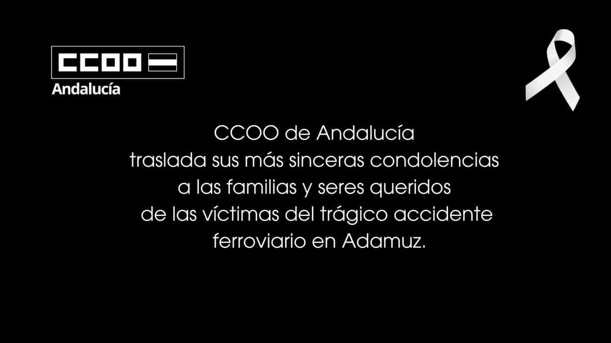 CCOO de Andalucía expresa sus más sentidas condolencias a las familias de las víctimas del trágico accidente ferroviario en Adamuz 1 Desde CCOO trasladamos nuestro más sentido pésame a las familias y seres queridos de las víctimas de este terrible accidente