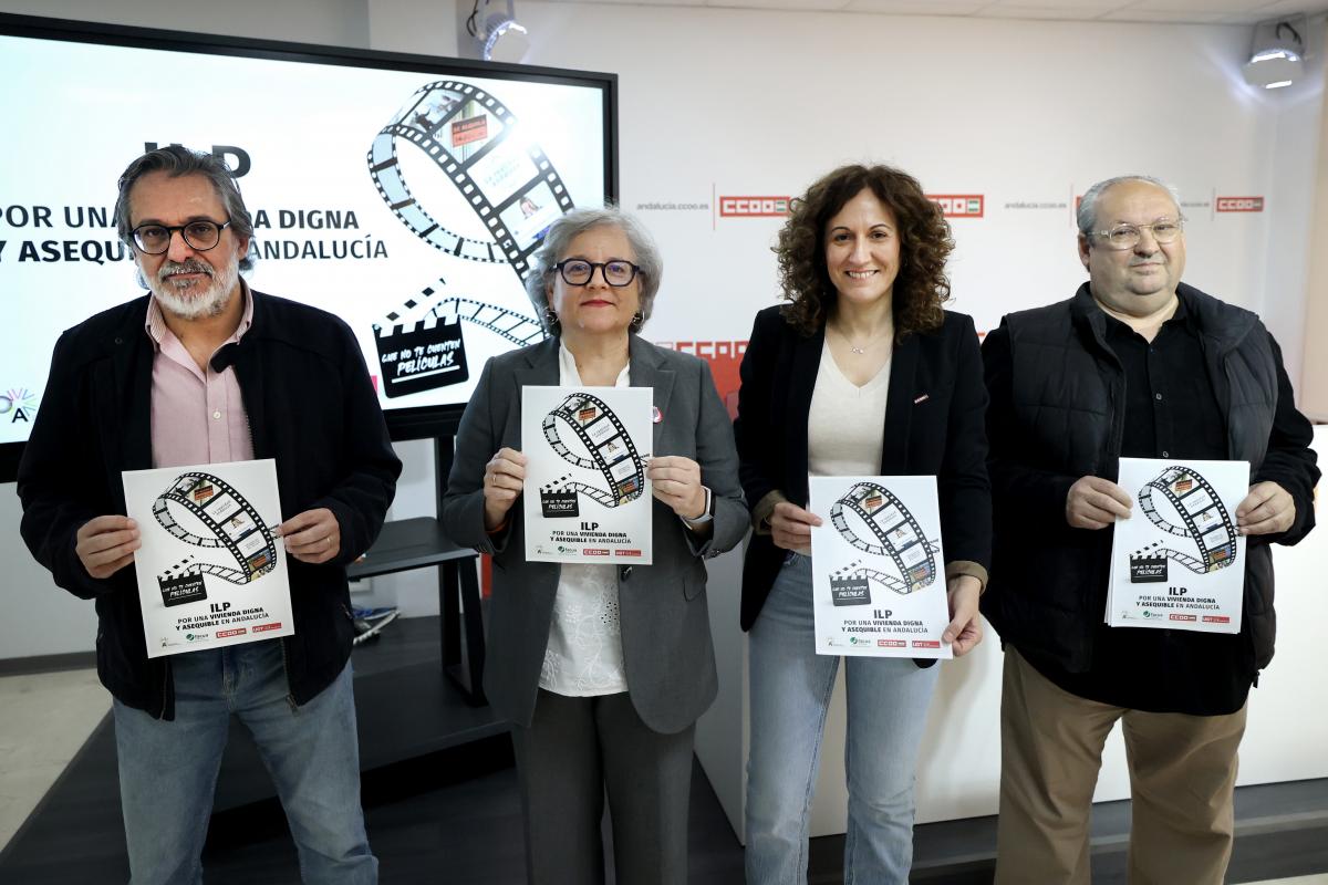 Nuria López: 'El desacople entre el precio de la vivienda y los salarios genera desigualdad y vulnerabilidad' 1 Miguel Bascón (Red vecinal andaluza), Nuria López (CCOO), Maribel Román (UGT) y David Sifredo (FACUA)