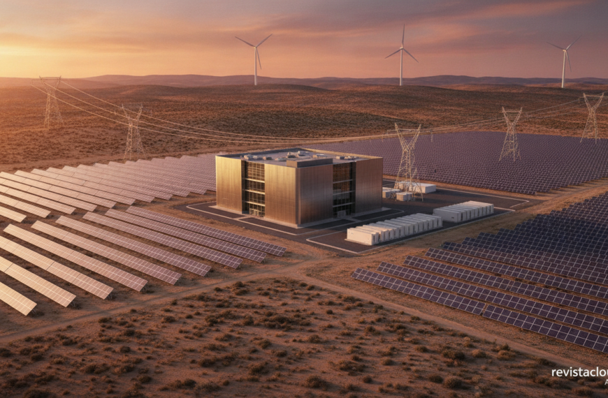 Centro de datos rodeado de plantas solares, eólicas y baterías