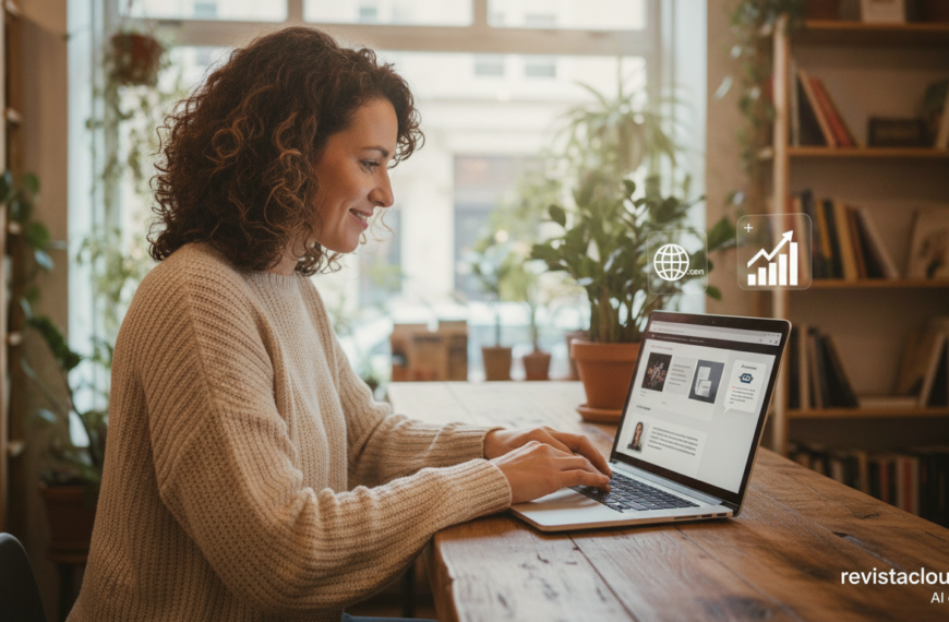 Dueña de una pequeña tienda creando su web en un portátil con ayuda de un asistente de IA
