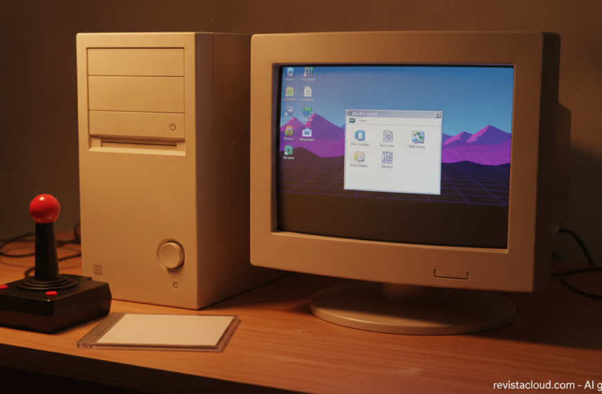 Ordenador de sobremesa beige de los noventa con monitor CRT y joystick